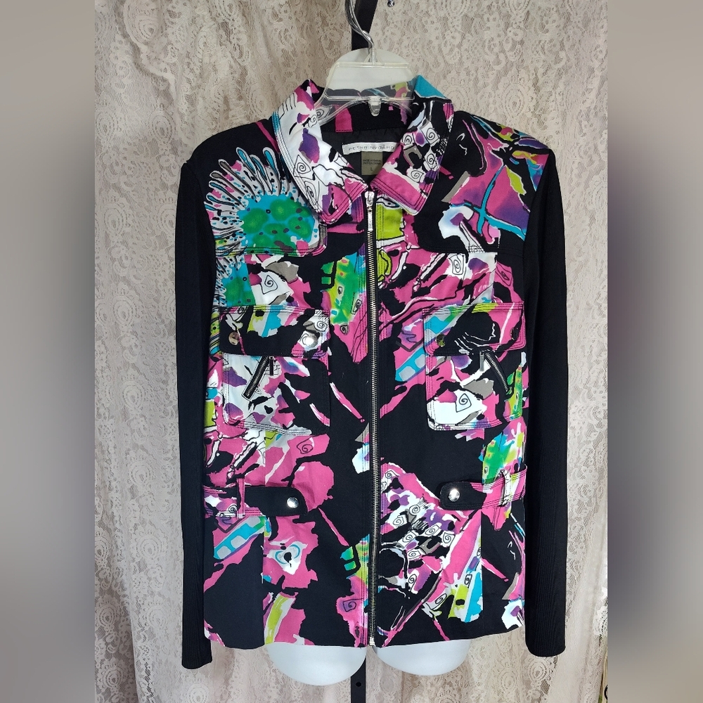 Peter Nygard Jacket Black with Bright Colors   Pink Blue Green
